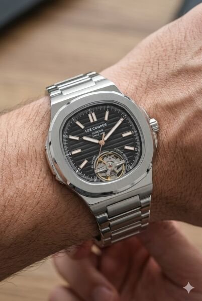 Lee Cooper Otomatik Mekanizma Erkek Kol Saati | 42 mm Çelik Kasa, Gümüş Çelik Kordon, Siyah Kadran