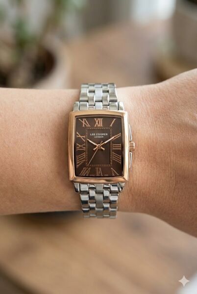 Lee Cooper Kadın Kol Saati | 22 mm Çelik Kasa, Gümüş Çelik Kordon, Kahverengi Kadran
