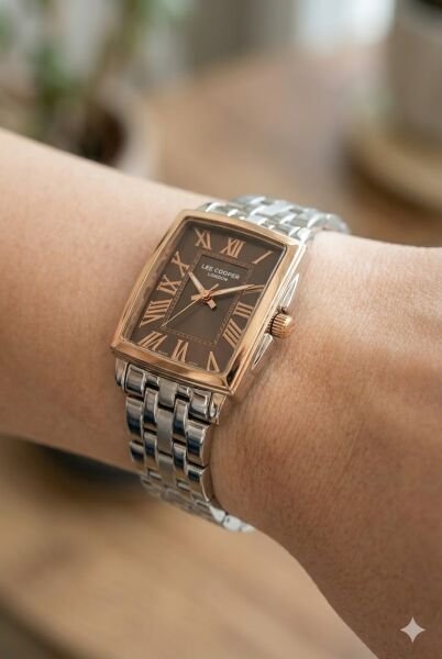 Lee Cooper Kadın Kol Saati | 22 mm Çelik Kasa, Gümüş Çelik Kordon, Kahverengi Kadran
