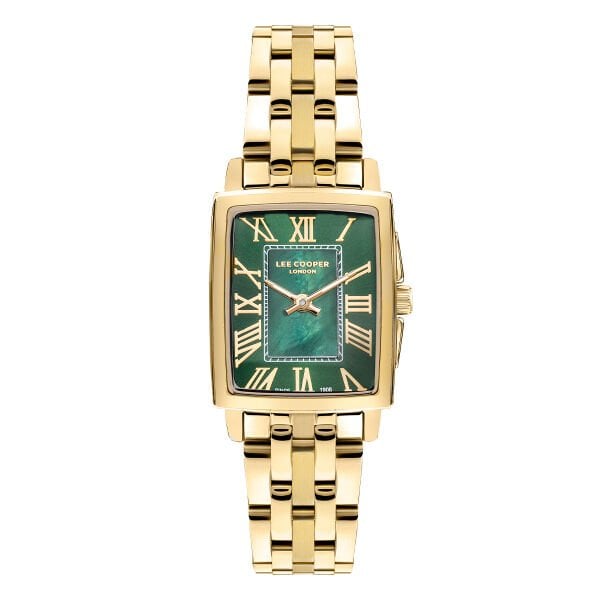 Lee Cooper Dikdörtgen Kasa Kadın Kol Saati | 22 mm Çelik Kasa, Altın Çelik Kordon, Yeşil Kadran