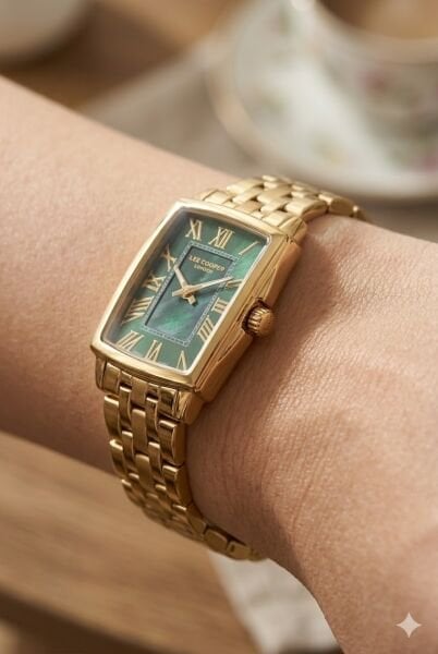 Lee Cooper Dikdörtgen Kasa Kadın Kol Saati | 22 mm Çelik Kasa, Altın Çelik Kordon, Yeşil Kadran