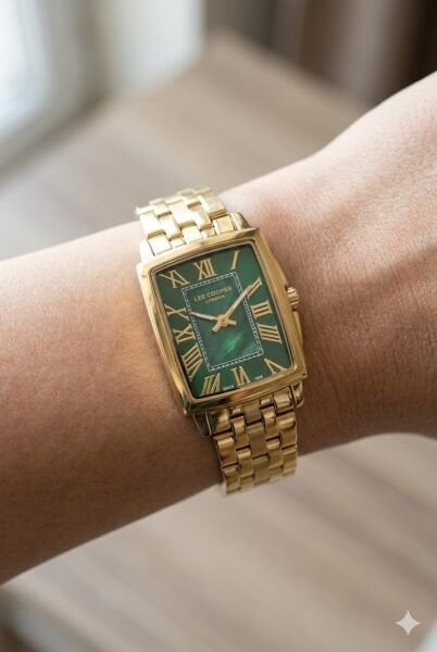 Lee Cooper Dikdörtgen Kasa Kadın Kol Saati | 22 mm Çelik Kasa, Altın Çelik Kordon, Yeşil Kadran