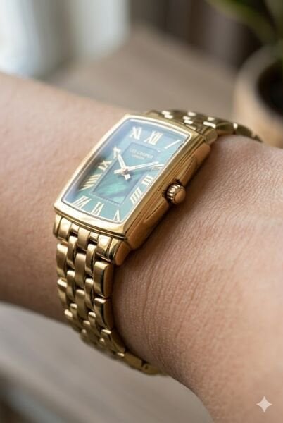 Lee Cooper Dikdörtgen Kasa Kadın Kol Saati | 22 mm Çelik Kasa, Altın Çelik Kordon, Yeşil Kadran