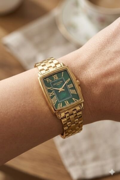 Lee Cooper Dikdörtgen Kasa Kadın Kol Saati | 22 mm Çelik Kasa, Altın Çelik Kordon, Yeşil Kadran