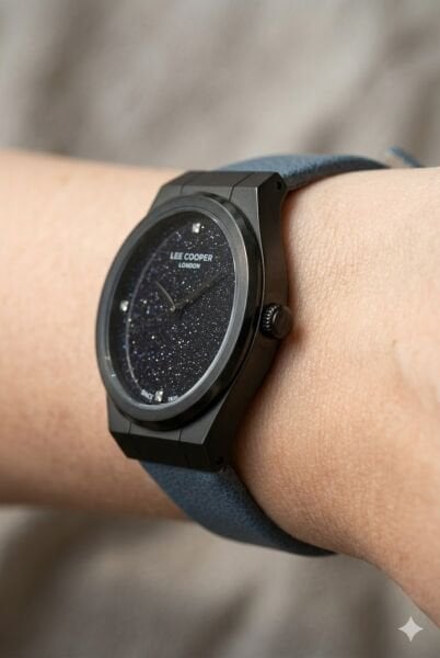 Lee Cooper Kadın Kol Saati | 35 mm Çelik Kasa, Mavi Deri Kordon, Siyah Kadran