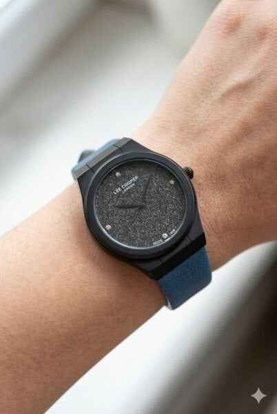 Lee Cooper Kadın Kol Saati | 35 mm Çelik Kasa, Mavi Deri Kordon, Siyah Kadran