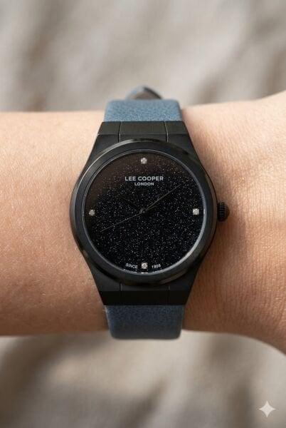 Lee Cooper Kadın Kol Saati | 35 mm Çelik Kasa, Mavi Deri Kordon, Siyah Kadran