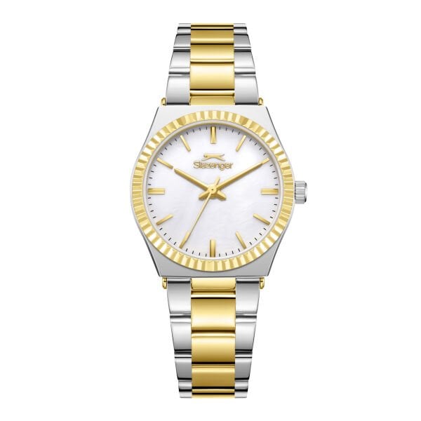 Slazenger Gold Silver Kadın Kol Saati | 32 mm Çelik Kasa, Gold-Silver Çelik Kordon, Beyaz Kadran