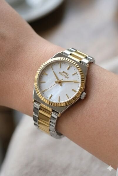 Slazenger Gold Silver Kadın Kol Saati | 32 mm Çelik Kasa, Gold-Silver Çelik Kordon, Beyaz Kadran