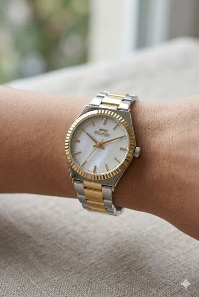 Slazenger Gold Silver Kadın Kol Saati | 32 mm Çelik Kasa, Gold-Silver Çelik Kordon, Beyaz Kadran