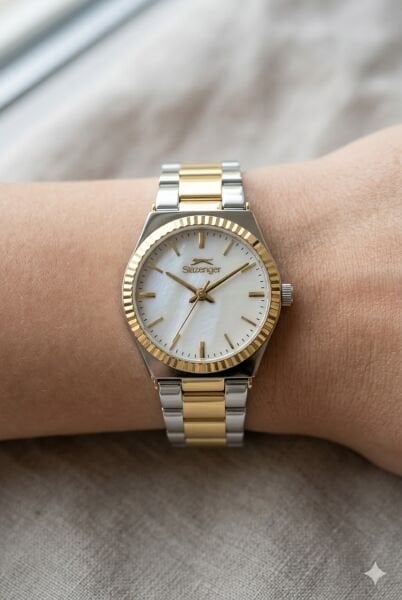 Slazenger Gold Silver Kadın Kol Saati | 32 mm Çelik Kasa, Gold-Silver Çelik Kordon, Beyaz Kadran