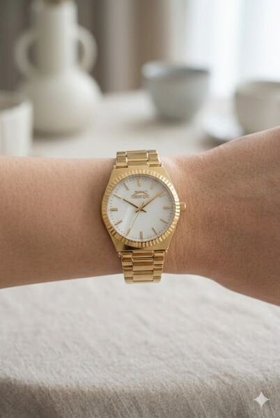 Slazenger Gold Yuvarlak Kasa Kadın Kol Saati | 32 mm Çelik Kasa, Gold Çelik Kordon, Beyaz Kadran