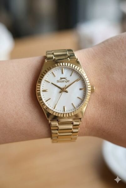 Slazenger Gold Yuvarlak Kasa Kadın Kol Saati | 32 mm Çelik Kasa, Gold Çelik Kordon, Beyaz Kadran