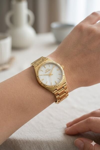 Slazenger Gold Yuvarlak Kasa Kadın Kol Saati | 32 mm Çelik Kasa, Gold Çelik Kordon, Beyaz Kadran