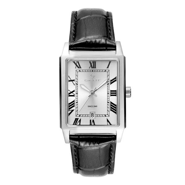 Gant Silver Dikdörtgen Kasa Erkek Kol Saati | 28.5 mm Çelik Kasa, Siyah Deri Kordon, Gümüş Kadran