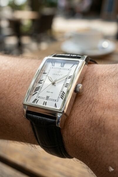 Gant Silver Dikdörtgen Kasa Erkek Kol Saati | 28.5 mm Çelik Kasa, Siyah Deri Kordon, Gümüş Kadran