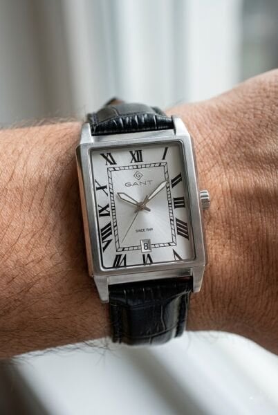 Gant Silver Dikdörtgen Kasa Erkek Kol Saati | 28.5 mm Çelik Kasa, Siyah Deri Kordon, Gümüş Kadran