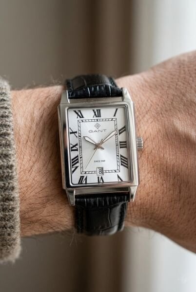Gant Silver Dikdörtgen Kasa Erkek Kol Saati | 28.5 mm Çelik Kasa, Siyah Deri Kordon, Gümüş Kadran