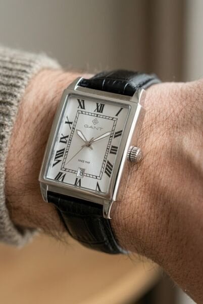 Gant Silver Dikdörtgen Kasa Erkek Kol Saati | 28.5 mm Çelik Kasa, Siyah Deri Kordon, Gümüş Kadran