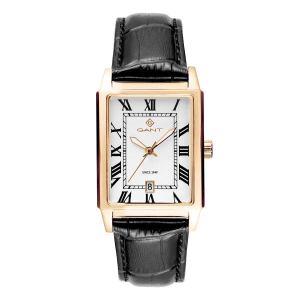 Gant Gold Dikdörtgen Kasa Erkek Kol Saati | 28.5 mm Çelik Kasa, Siyah Deri Kordon, Beyaz Kadran