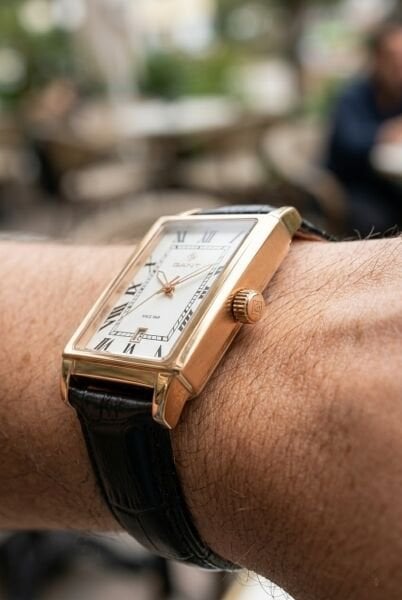 Gant Gold Dikdörtgen Kasa Erkek Kol Saati | 28.5 mm Çelik Kasa, Siyah Deri Kordon, Beyaz Kadran