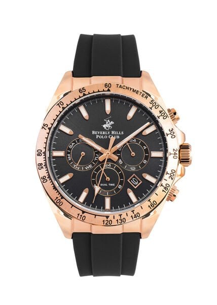 Beverly Hills Polo Club Rose Gold Erkek Kol Saati | 42 mm Çelik Kasa, Siyah Silikon Kordon, Siyah Kadran
