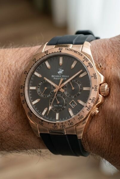 Beverly Hills Polo Club Rose Gold Erkek Kol Saati | 42 mm Çelik Kasa, Siyah Silikon Kordon, Siyah Kadran