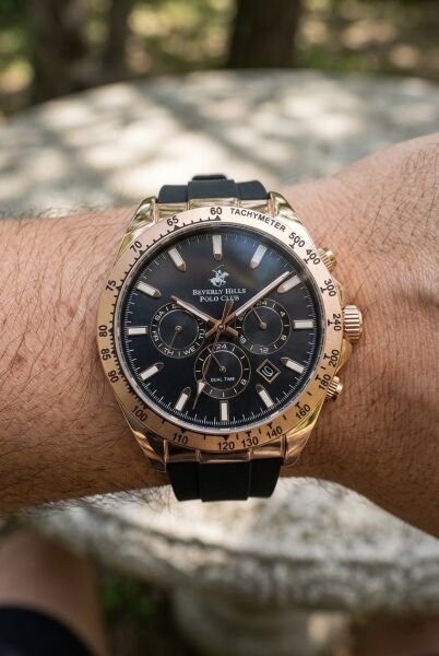 Beverly Hills Polo Club Rose Gold Erkek Kol Saati | 42 mm Çelik Kasa, Siyah Silikon Kordon, Siyah Kadran
