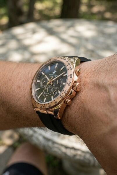 Beverly Hills Polo Club Rose Gold Erkek Kol Saati | 42 mm Çelik Kasa, Siyah Silikon Kordon, Siyah Kadran