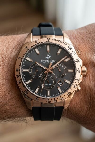 Beverly Hills Polo Club Rose Gold Erkek Kol Saati | 42 mm Çelik Kasa, Siyah Silikon Kordon, Siyah Kadran