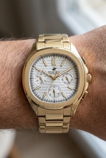 Beverly Hills Polo Club Erkek Kol Saati | 42 mm Çelik Kasa, Gold Çelik Kordon, Gümüş Kadran