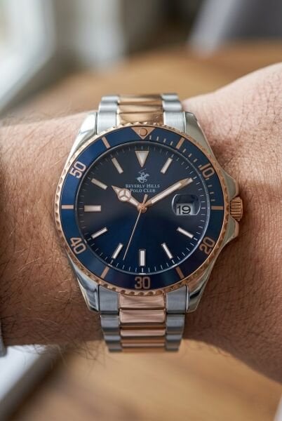Beverly Hills Polo Club Çift Renk Erkek Kol Saati | 43,5 mm Çelik Kasa, Çelik Kordon, Lacivert Kadran