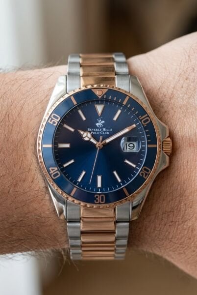 Beverly Hills Polo Club Çift Renk Erkek Kol Saati | 43,5 mm Çelik Kasa, Çelik Kordon, Lacivert Kadran
