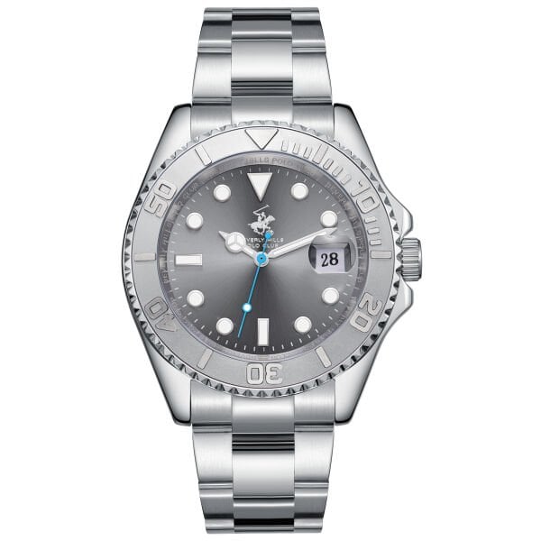 Beverly Hills Polo Club Gümüş Erkek Kol Saati | 40,5 mm Çelik Kasa, Gümüş Çelik Kordon, Gri Kadran