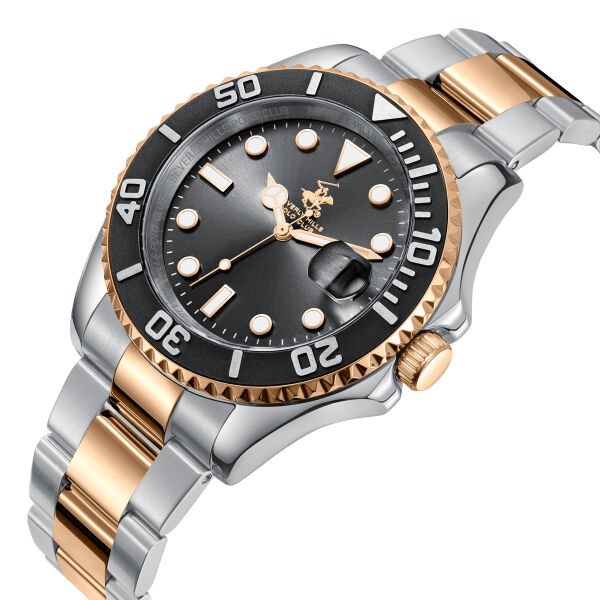 Beverly Hills Polo Club Çift Renk Erkek Kol Saati | 40,5 mm Çelik Kasa, Silver/Rose Gold Çelik Kordon, Siyah Kadran