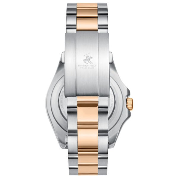 Beverly Hills Polo Club Çift Renk Erkek Kol Saati | 40,5 mm Çelik Kasa, Silver/Rose Gold Çelik Kordon, Siyah Kadran
