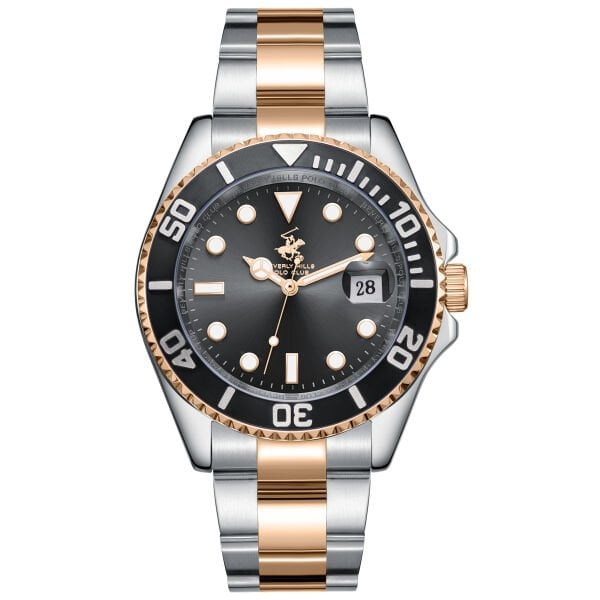 Beverly Hills Polo Club Çift Renk Erkek Kol Saati | 40,5 mm Çelik Kasa, Silver/Rose Gold Çelik Kordon, Siyah Kadran