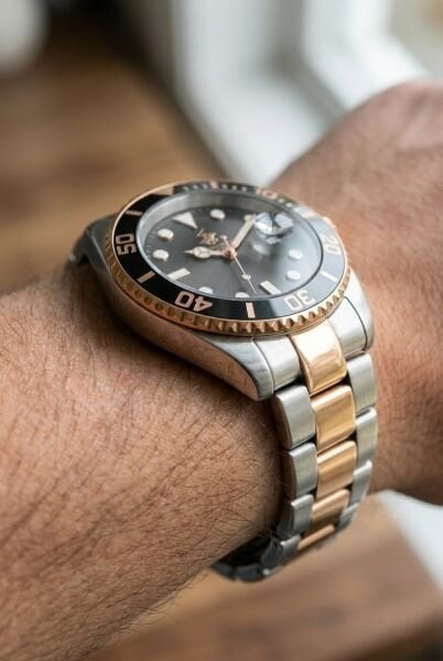 Beverly Hills Polo Club Çift Renk Erkek Kol Saati | 40,5 mm Çelik Kasa, Silver/Rose Gold Çelik Kordon, Siyah Kadran