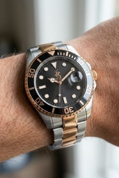 Beverly Hills Polo Club Çift Renk Erkek Kol Saati | 40,5 mm Çelik Kasa, Silver/Rose Gold Çelik Kordon, Siyah Kadran