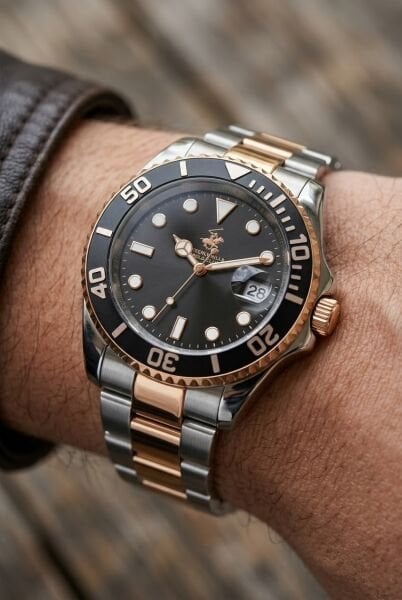 Beverly Hills Polo Club Çift Renk Erkek Kol Saati | 40,5 mm Çelik Kasa, Silver/Rose Gold Çelik Kordon, Siyah Kadran
