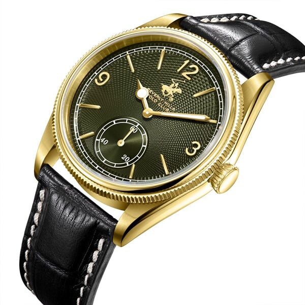Beverly Hills Polo Club Özel Renk Kadran Kol Saati | 39 mm Çelik Kasa, Siyah Deri Kordon, Koyu Yeşil Kadran