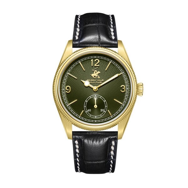 Beverly Hills Polo Club Özel Renk Kadran Kol Saati | 39 mm Çelik Kasa, Siyah Deri Kordon, Koyu Yeşil Kadran