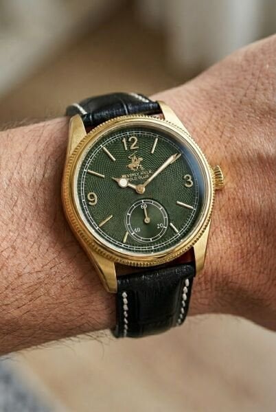 Beverly Hills Polo Club Özel Renk Kadran Kol Saati | 39 mm Çelik Kasa, Siyah Deri Kordon, Koyu Yeşil Kadran
