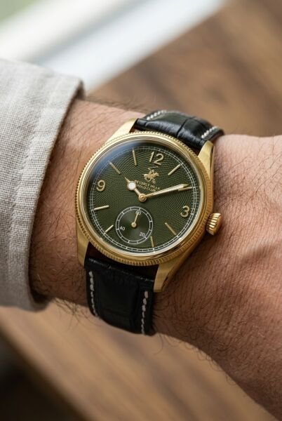 Beverly Hills Polo Club Özel Renk Kadran Kol Saati | 39 mm Çelik Kasa, Siyah Deri Kordon, Koyu Yeşil Kadran