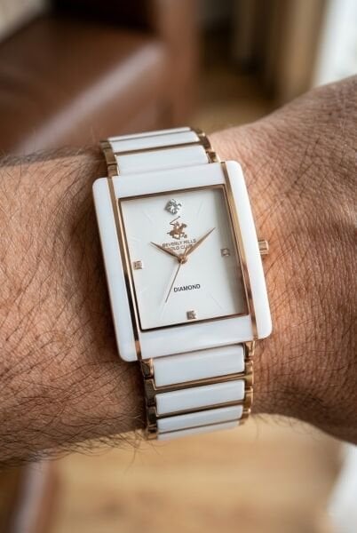 Beverly Hills Polo Club Pırlantalı Erkek Kol Saati | Çelik Kasa, Seramik Detaylı Kordon, Beyaz Kadran