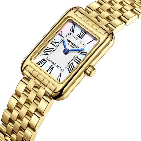 Lee Cooper Gold Dikdörtgen Kasa Kadın Kol Saati | 21 mm Çelik Kasa, Gold Çelik Kordon, Sedef Kadran