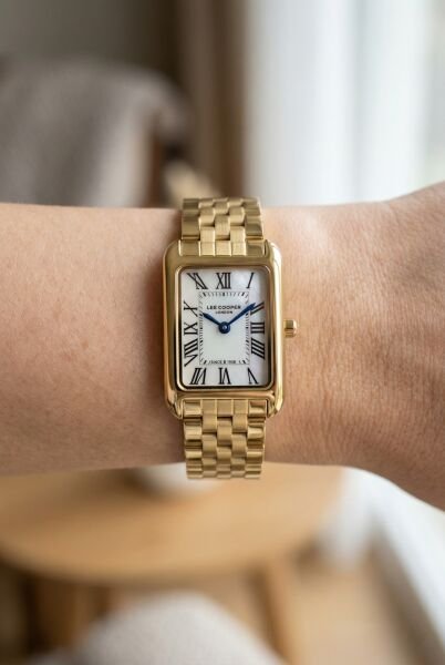 Lee Cooper Gold Dikdörtgen Kasa Kadın Kol Saati | 21 mm Çelik Kasa, Gold Çelik Kordon, Sedef Kadran