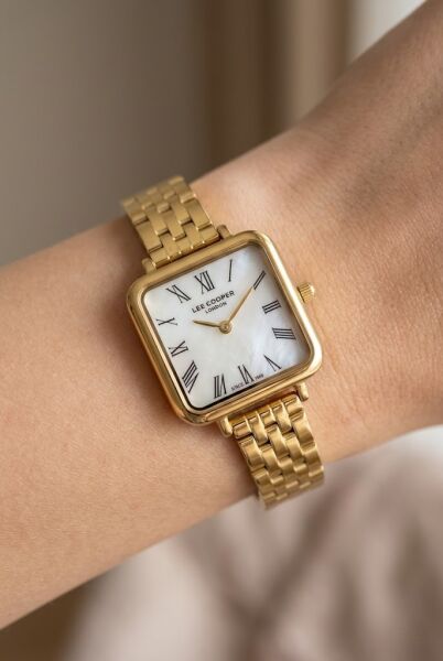 Lee Cooper Kare Kasa Kadın Kol Saati | 22 mm Çelik Kasa, Gold Çelik Kordon, Beyaz Kadran