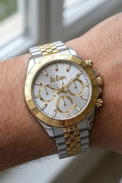 Lee Cooper Erkek Kol Saati | 43 mm Çelik Kasa, Silver - Gold Çelik Kordon, Silver Kadran