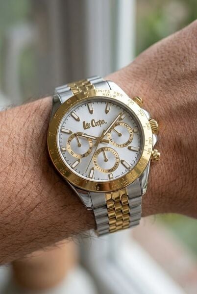 Lee Cooper Erkek Kol Saati | 43 mm Çelik Kasa, Silver - Gold Çelik Kordon, Silver Kadran